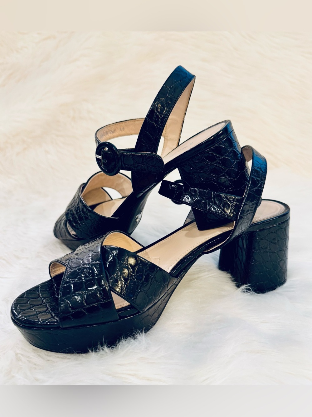 Prada Black Croc Pattern Platform Block Heel Sandals 39 US 9 With Dust Bags